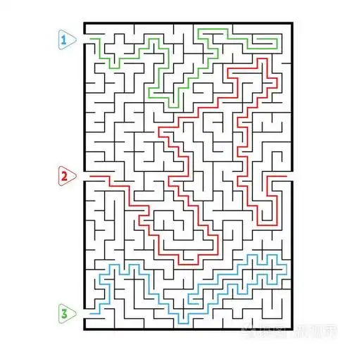 抽象矩形大迷宫.孩子们的游戏.儿童拼图.三个入口, 一个出口.